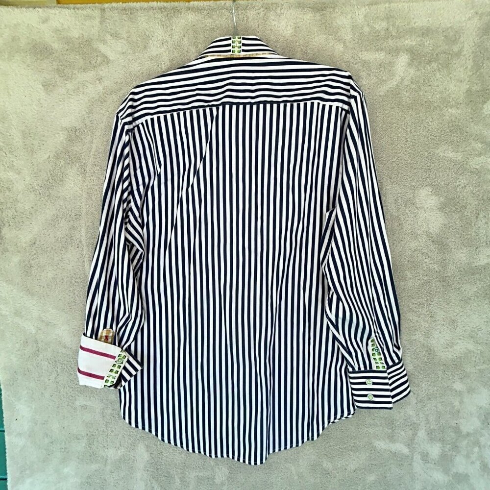 Robert Graham L Shirt Mens Large Navy Blue Striped Pink Flip Cuff Green Trim 100 - Picture 9 of 11